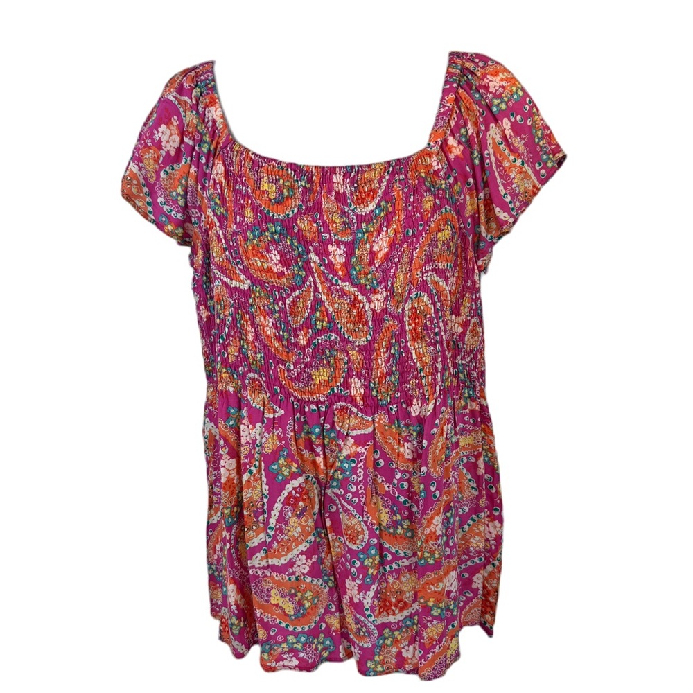 Boho peasant top w smocked bodice pink vibrant paisley floral flutter sleeve Lg